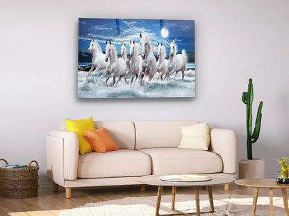 White Stallions - Lucky 7 running horses Vastu - Glass Wall Art -Housewarming Gift - Interior Design Ideas-