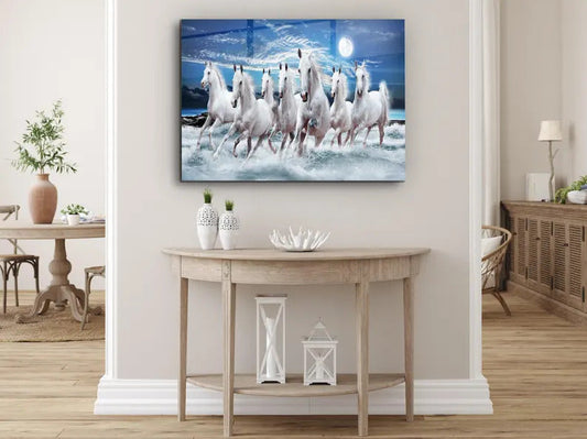 White Stallions - Lucky 7 running horses Vastu - Glass Wall Art -Housewarming Gift - Interior Design Ideas-