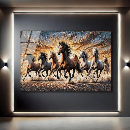 Lucky 7 Running Horses Glass Printing Wall Art - Tempered Glass Wall Art-Home Decoration-Interior Design Ideas-Perfect Gift For Your Lovers